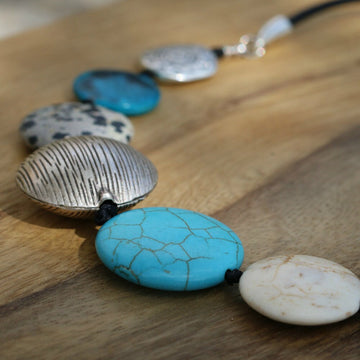 Silver White and Turquoise Beaded Necklace - Statement Jewelry For Her • Chunky Boho Turquoise • Fashion Jewelry • Women's Bold Necklace